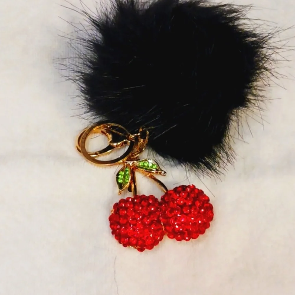 Crystal Cherries Bag Charm Key Chain Red w Black Faux Mink‎ Black Pom